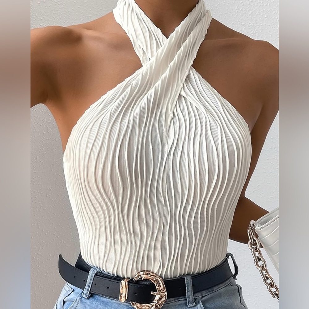 Elegant Tan textured Criss Cross Sleeveless top